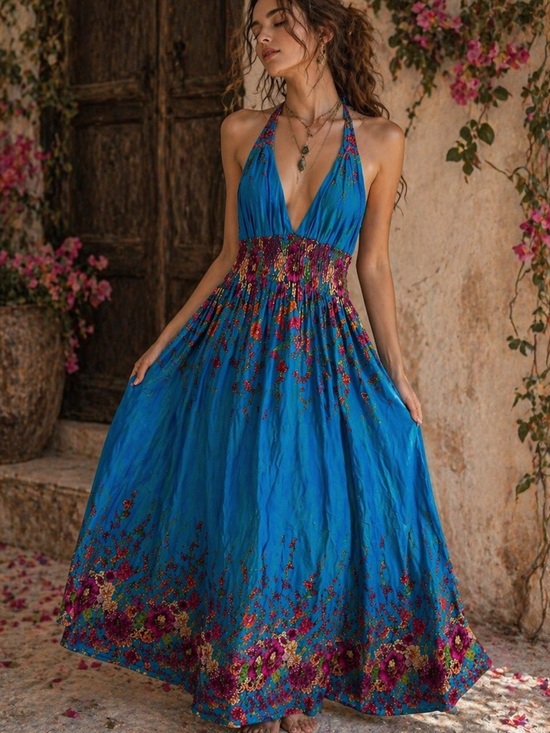 Dresses & Skirts - Bohemian Deep V Halter Maxi Dress, Royal Blue with VIBRANT Floral Design,